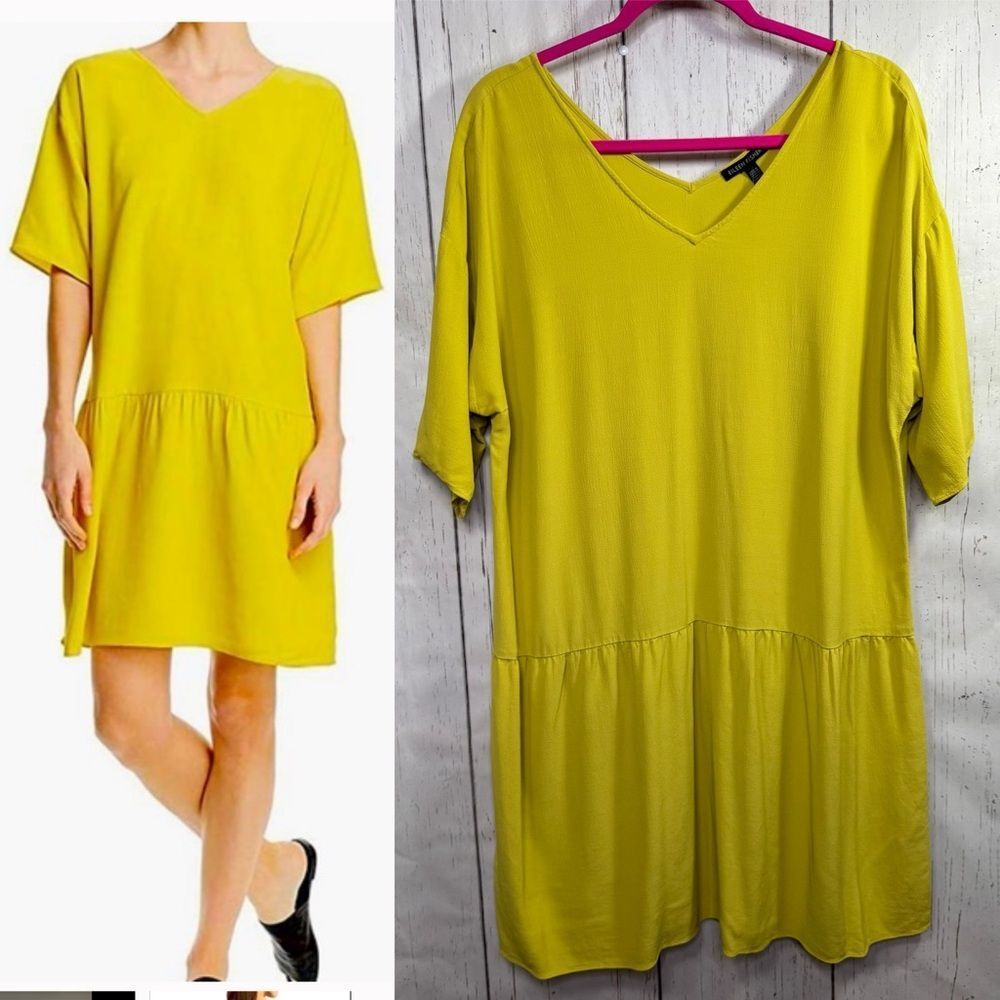 Eileen Fisher Yellow Tiered Tunic Dress Size L Minimalist Lagenlook Modern